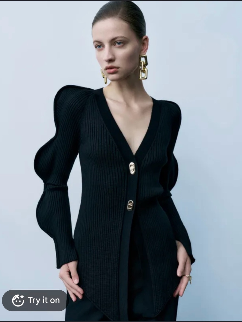 Urban Revivo Black Sculptural Puff Sleeve Ribbed Cardigan Size S